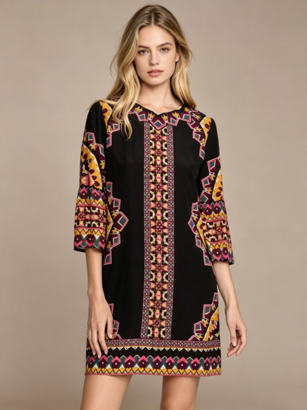 $350 NWOT Johnny Was Silk Blend Lunna Geometric Silk Shift Floral Mini Dress S
